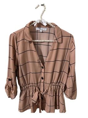 Sweet Rain Young Contemporary Windowpane Tie Waist Peplum Blouse